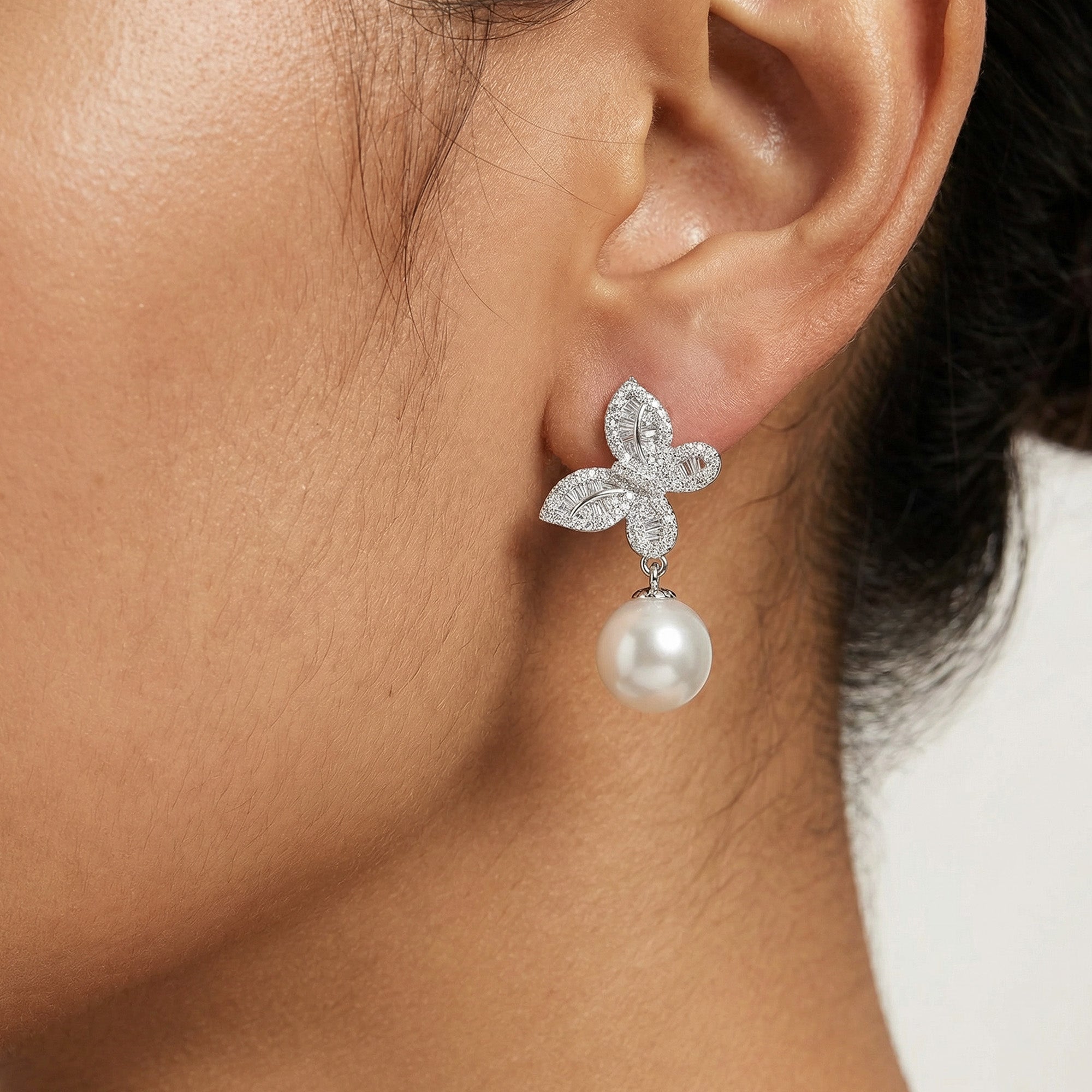 Zircon Butterfly Pearl Drop Earrings