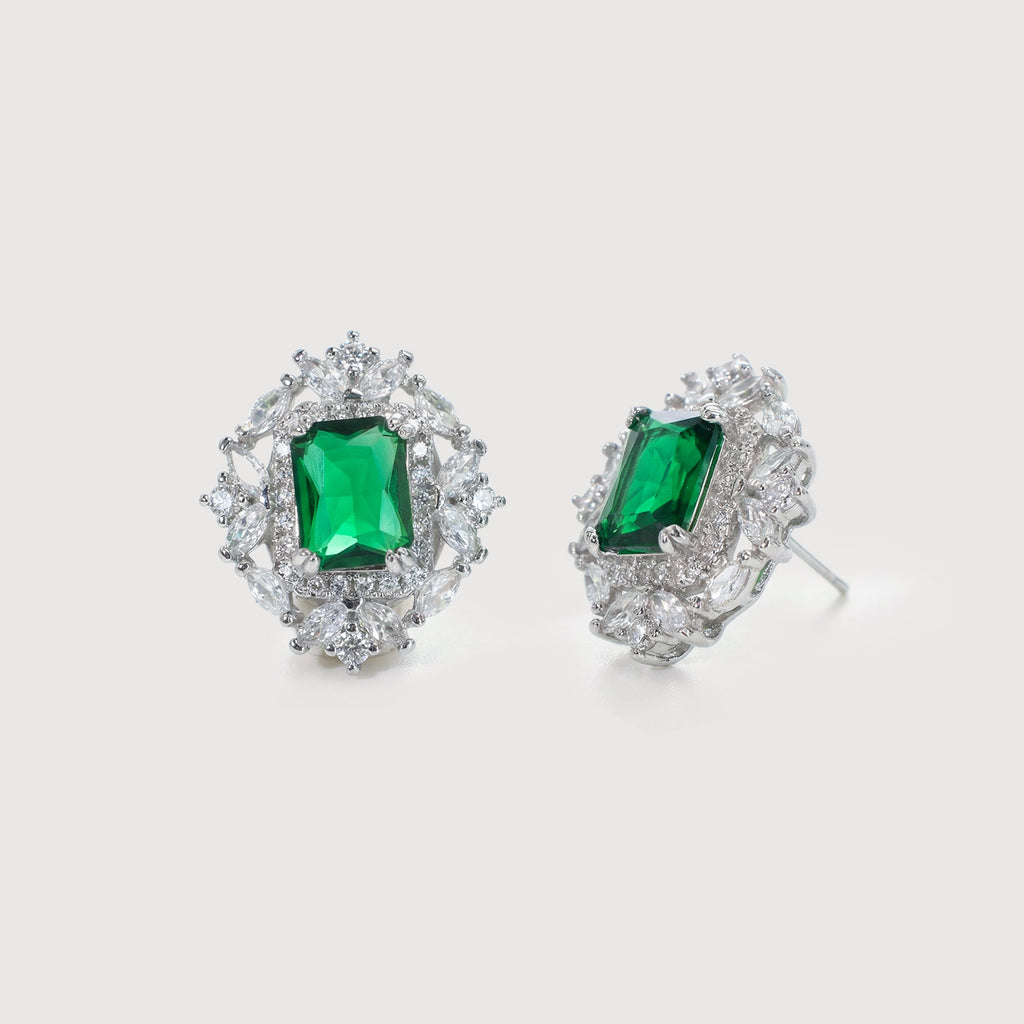 Emerald-Cut Green Zircon Halo Stud Earrings