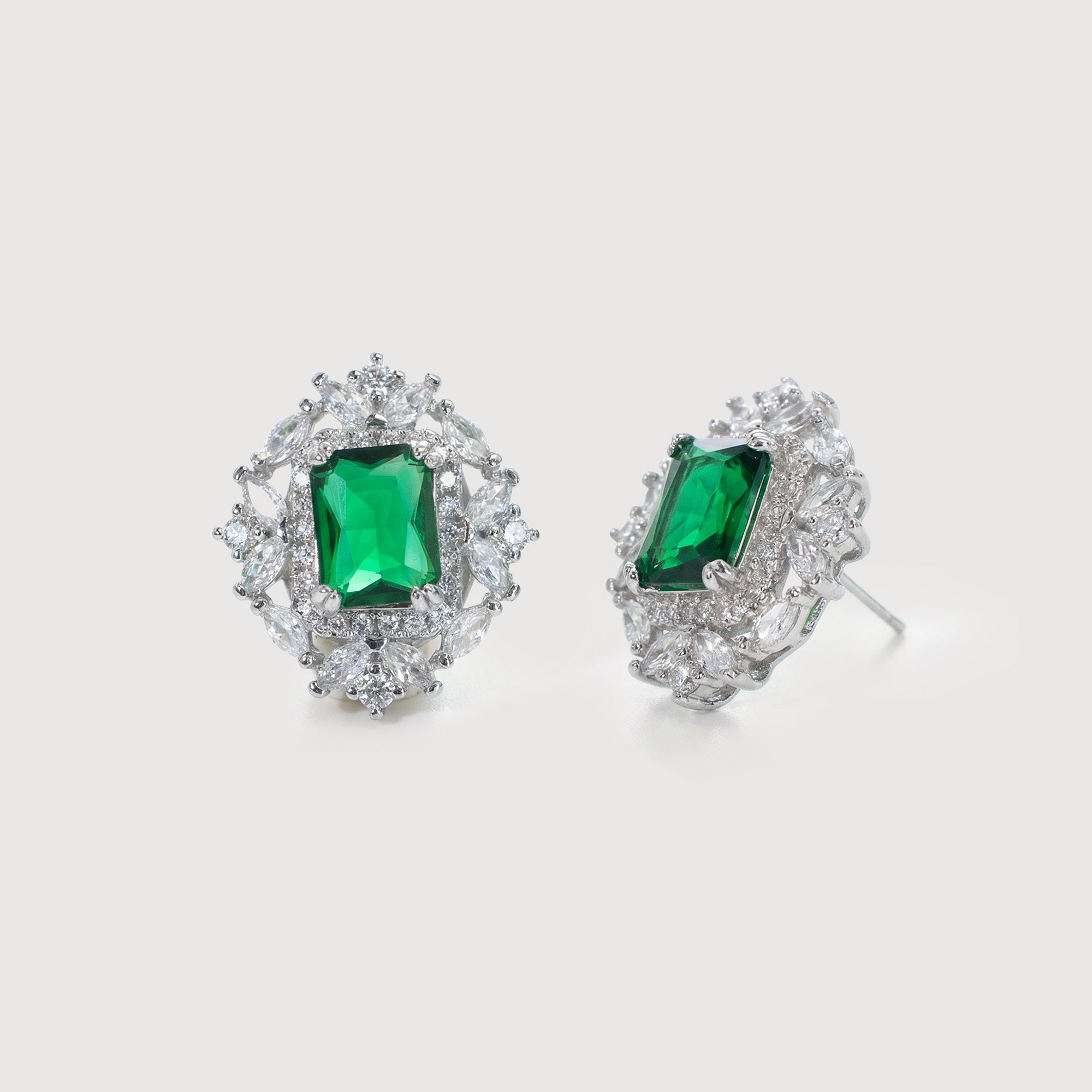 Emerald-Cut Green Zircon Halo Stud Earrings