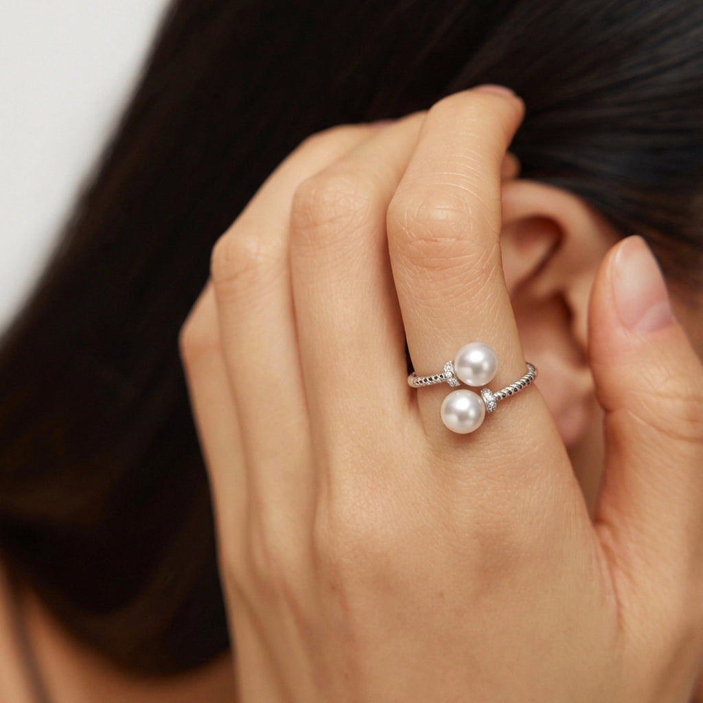S925 Silver Double Pearl Adjustable Ring