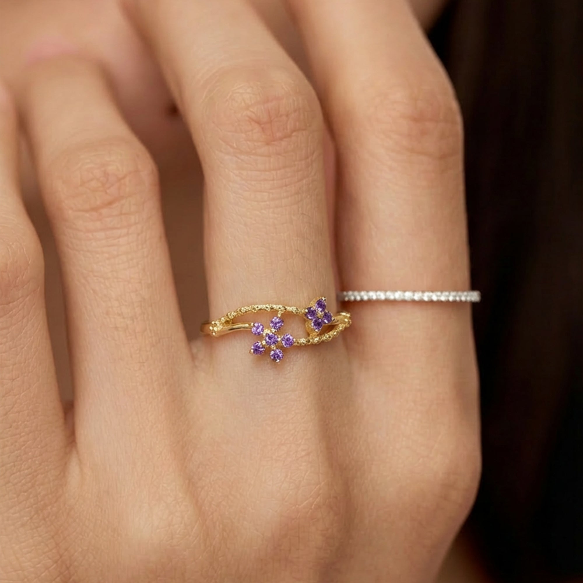 18K Gold-Plated S925 Purple CZ Floral Ring