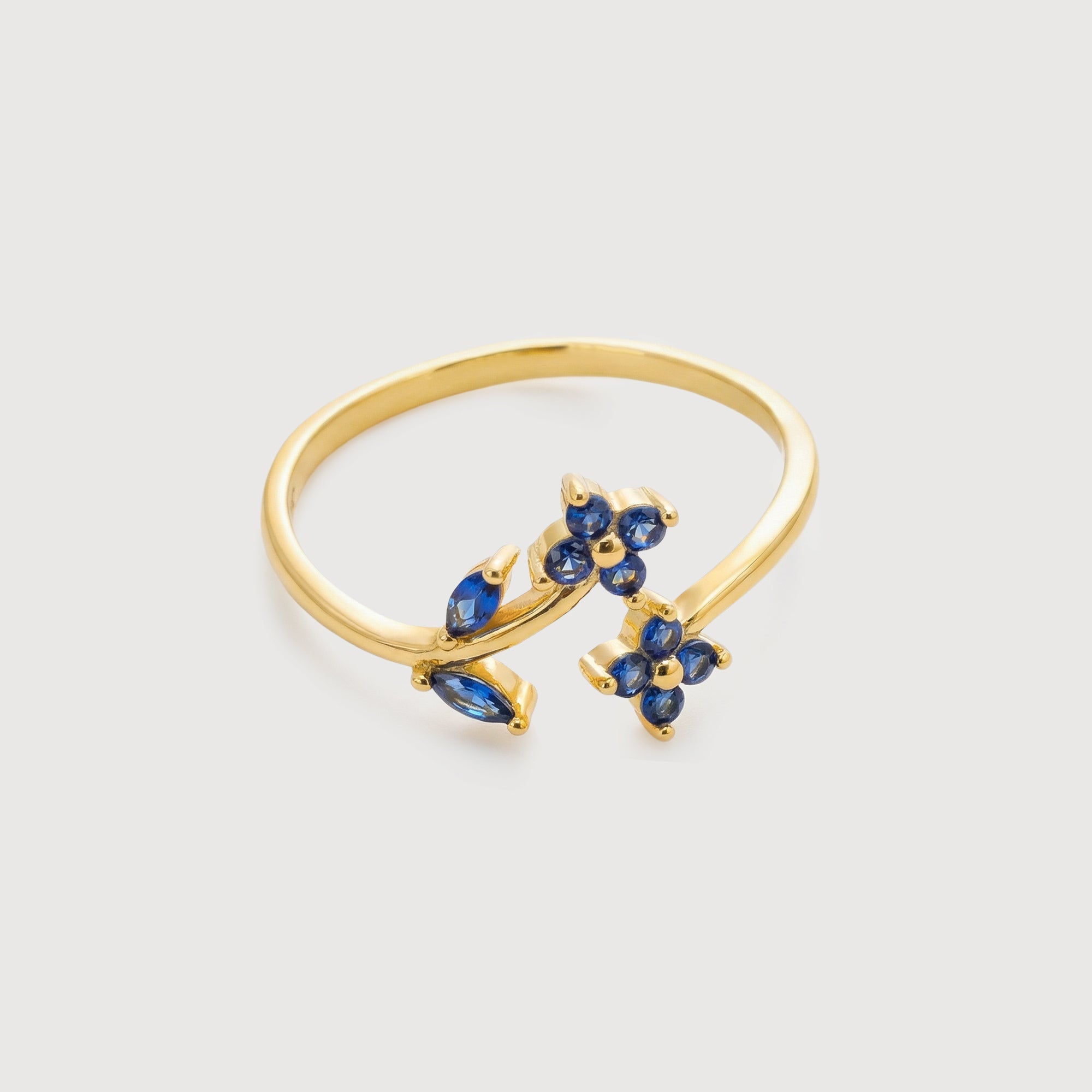 18K Gold-Plated Blue CZ Floral Open Ring