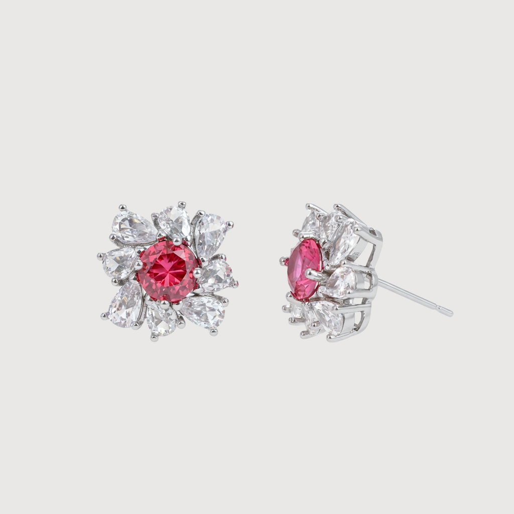 Pink Floral Zircon Brass Stud Earrings