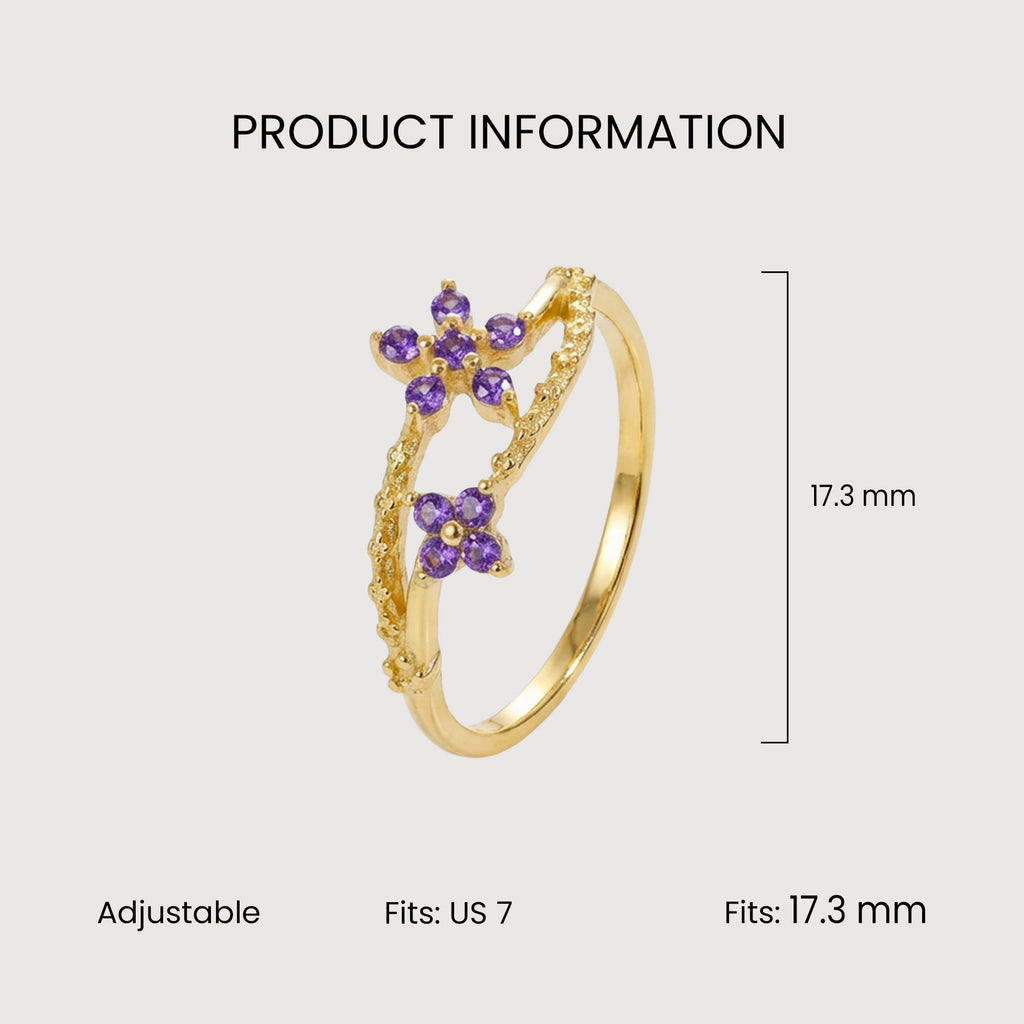 18K Gold-Plated S925 Purple CZ Floral Ring