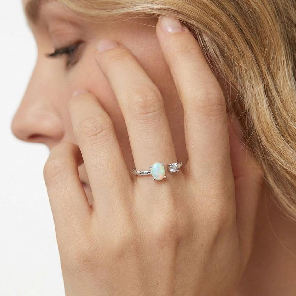 S925 Silver Opal and Zircon Open Ring