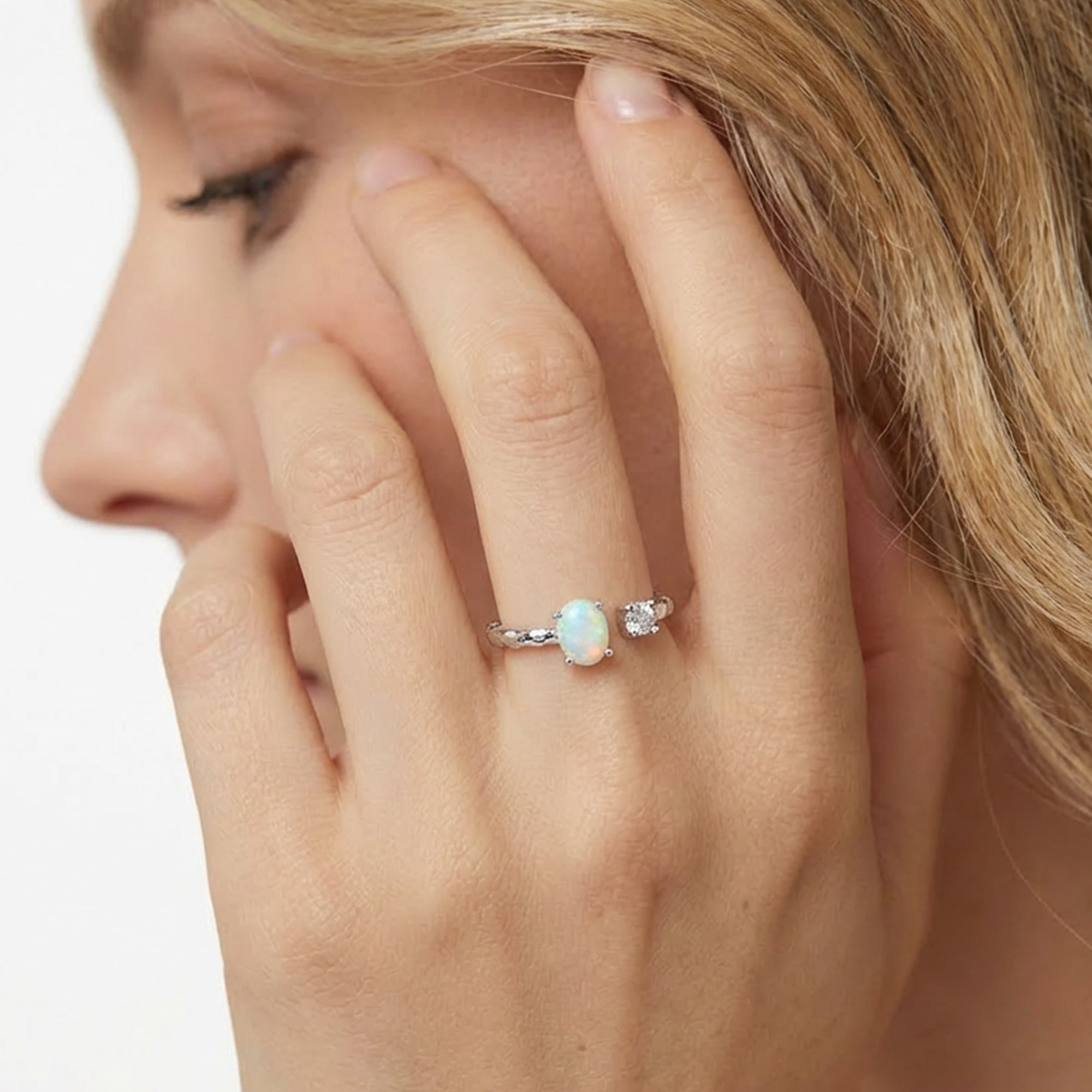 S925 Silver Opal and Zircon Open Ring