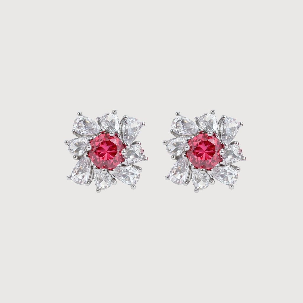 Pink Floral Zircon Brass Stud Earrings
