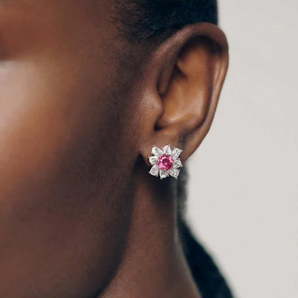 Pink Floral Zircon Brass Stud Earrings