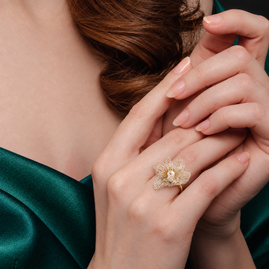 18K Gold-Plated Copper Pearl Floral Ring