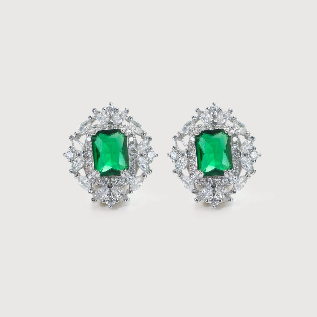 Emerald-Cut Green Zircon Halo Stud Earrings