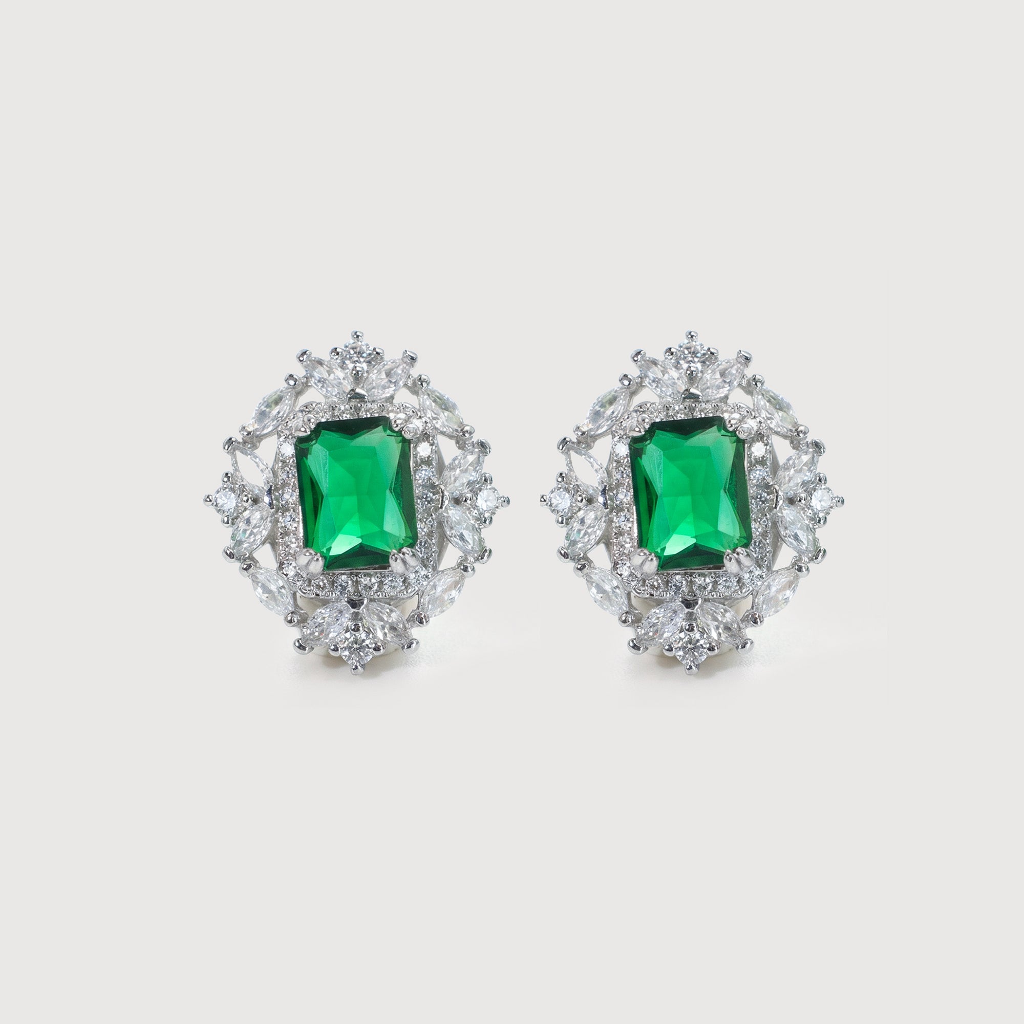 Emerald-Cut Green Zircon Halo Stud Earrings