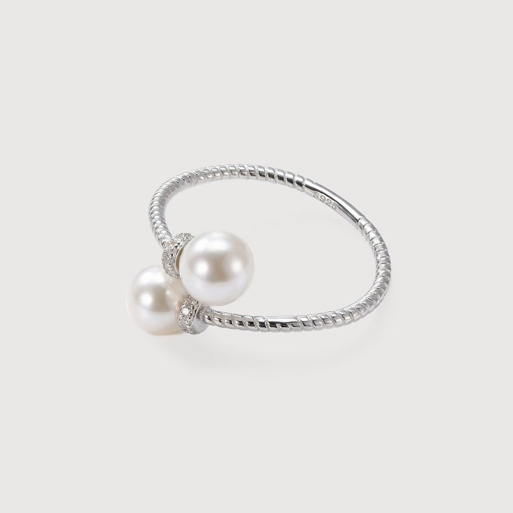 S925 Silver Double Pearl Adjustable Ring