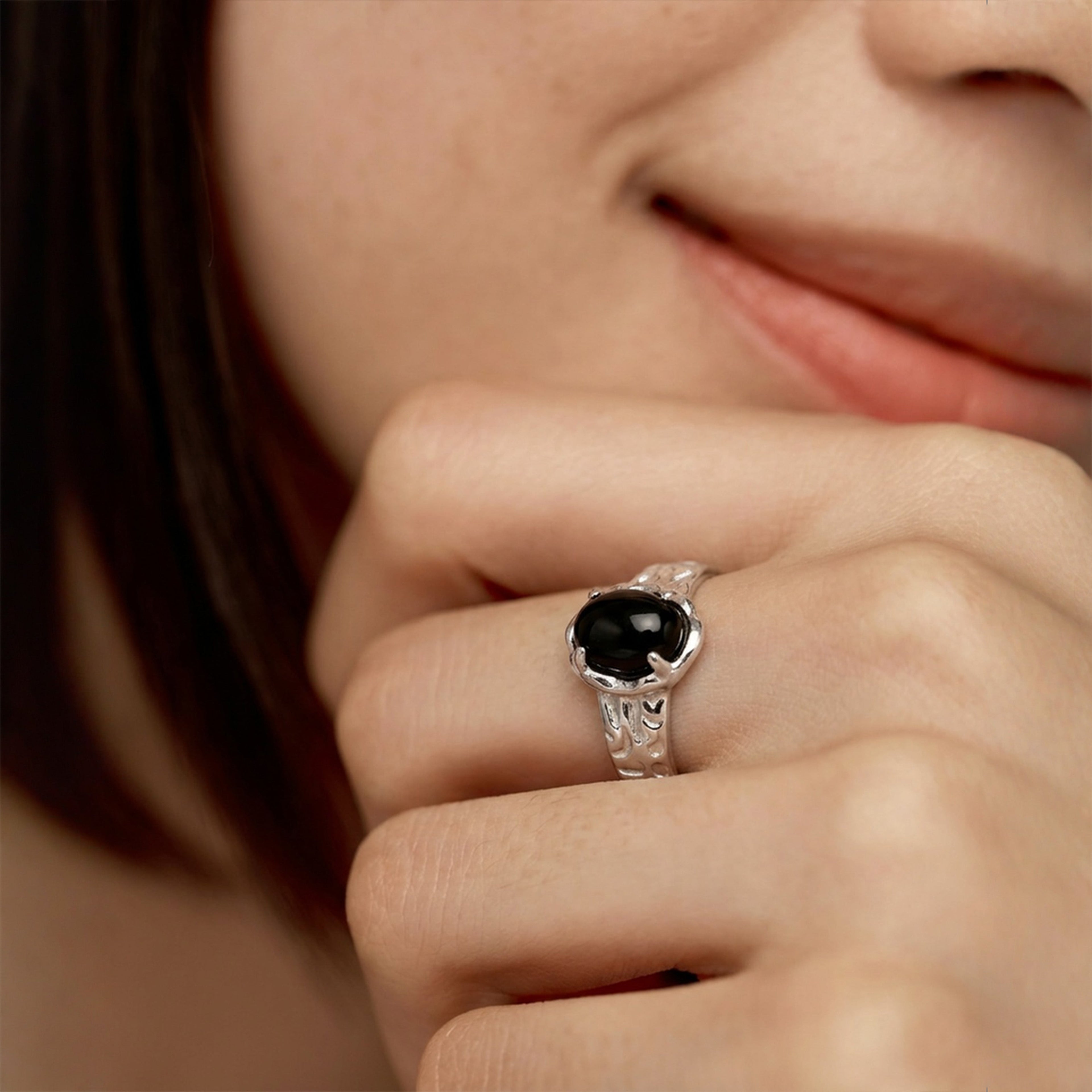 Natural Black Agate S925 Silver Ring