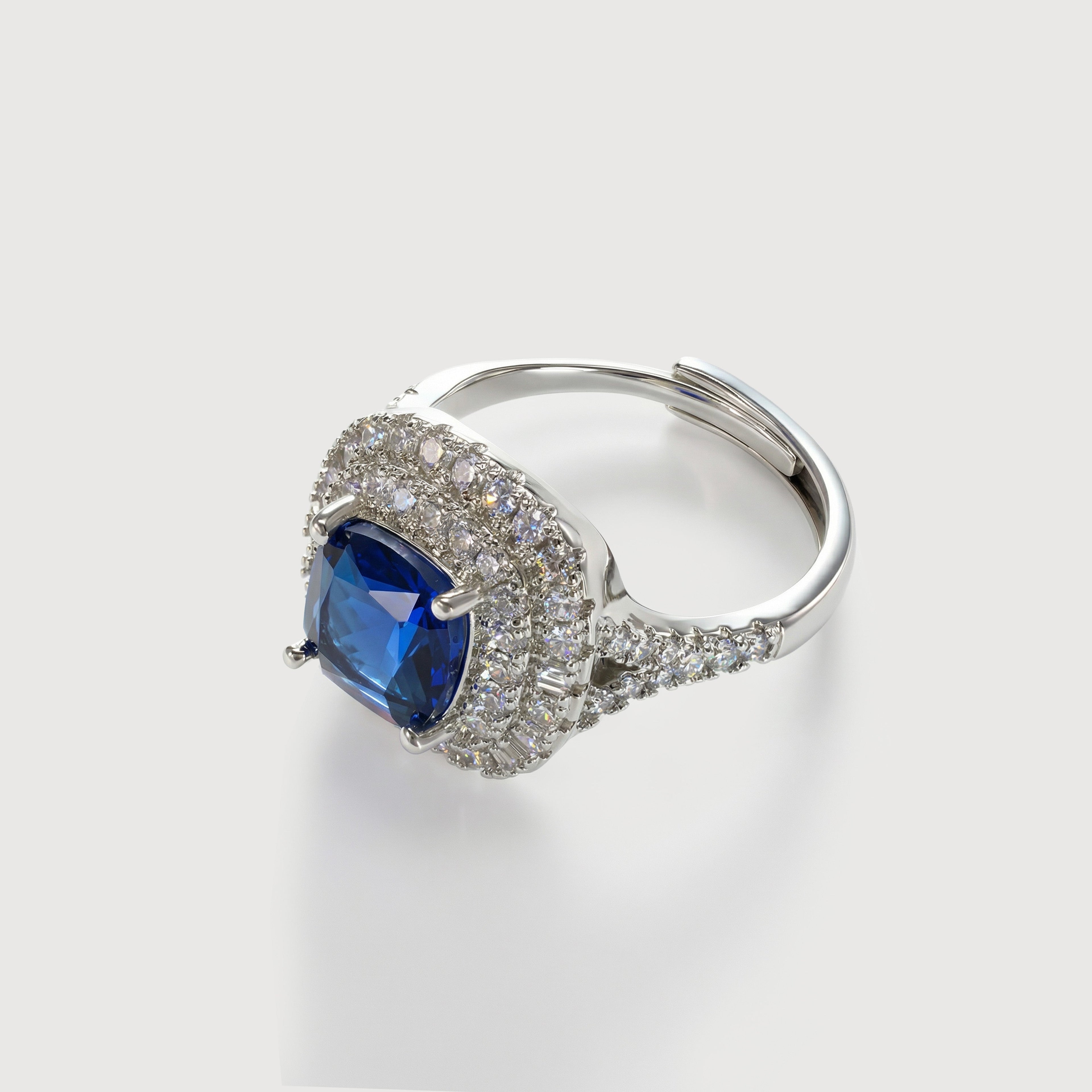 Silver-Tone Blue Zircon Halo Adjustable Ring