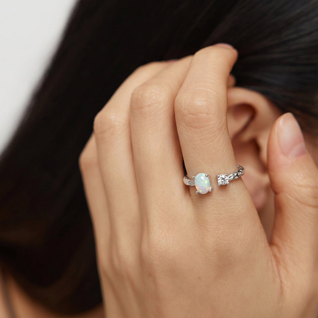S925 Silver Opal and Zircon Open Ring