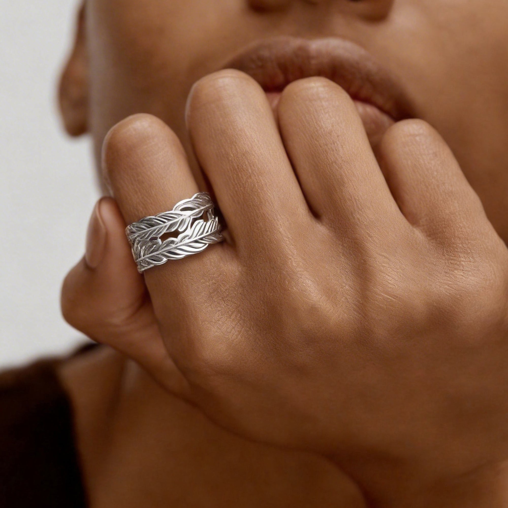Layered Feather S925 Silver Open Ring