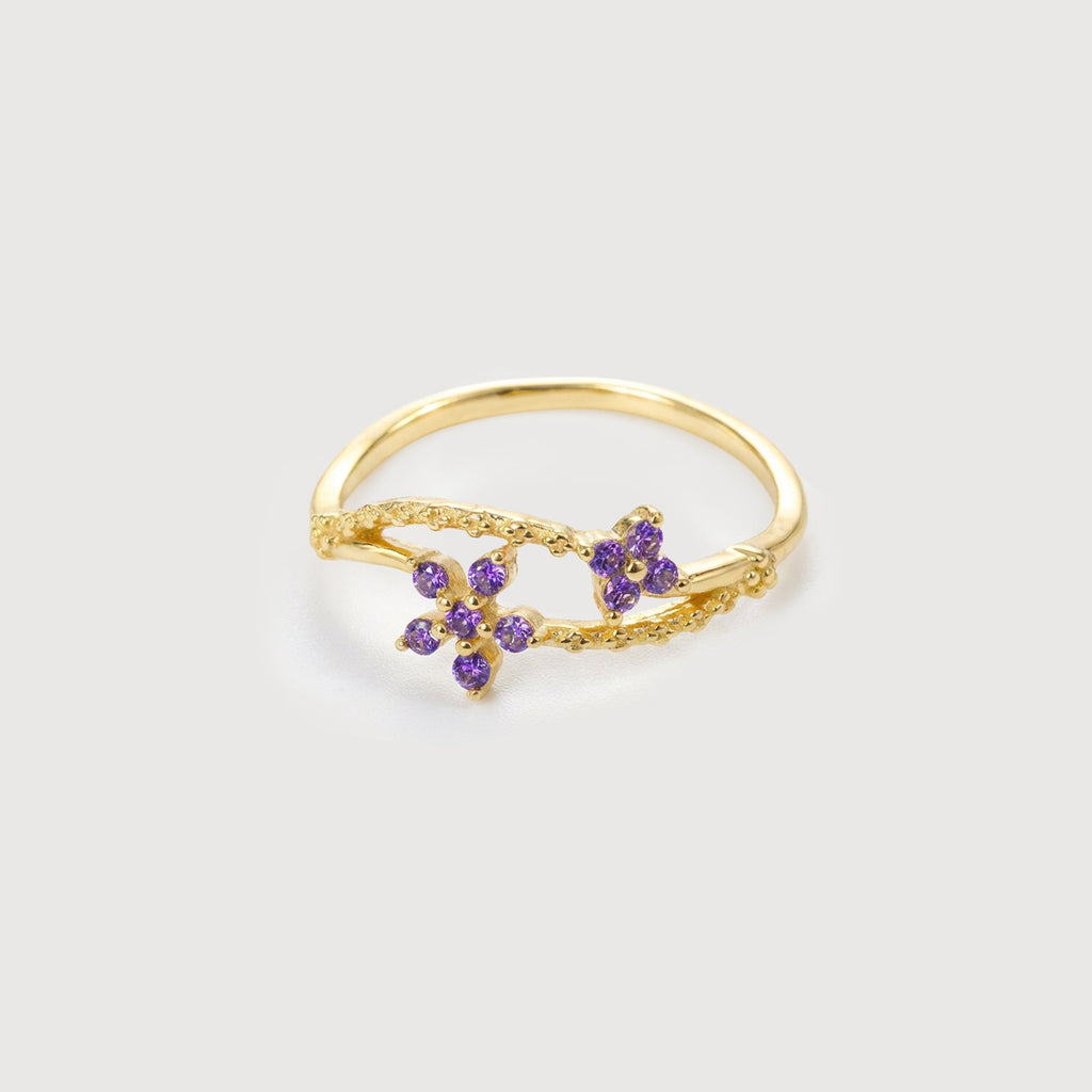 18K Gold-Plated S925 Purple CZ Floral Ring