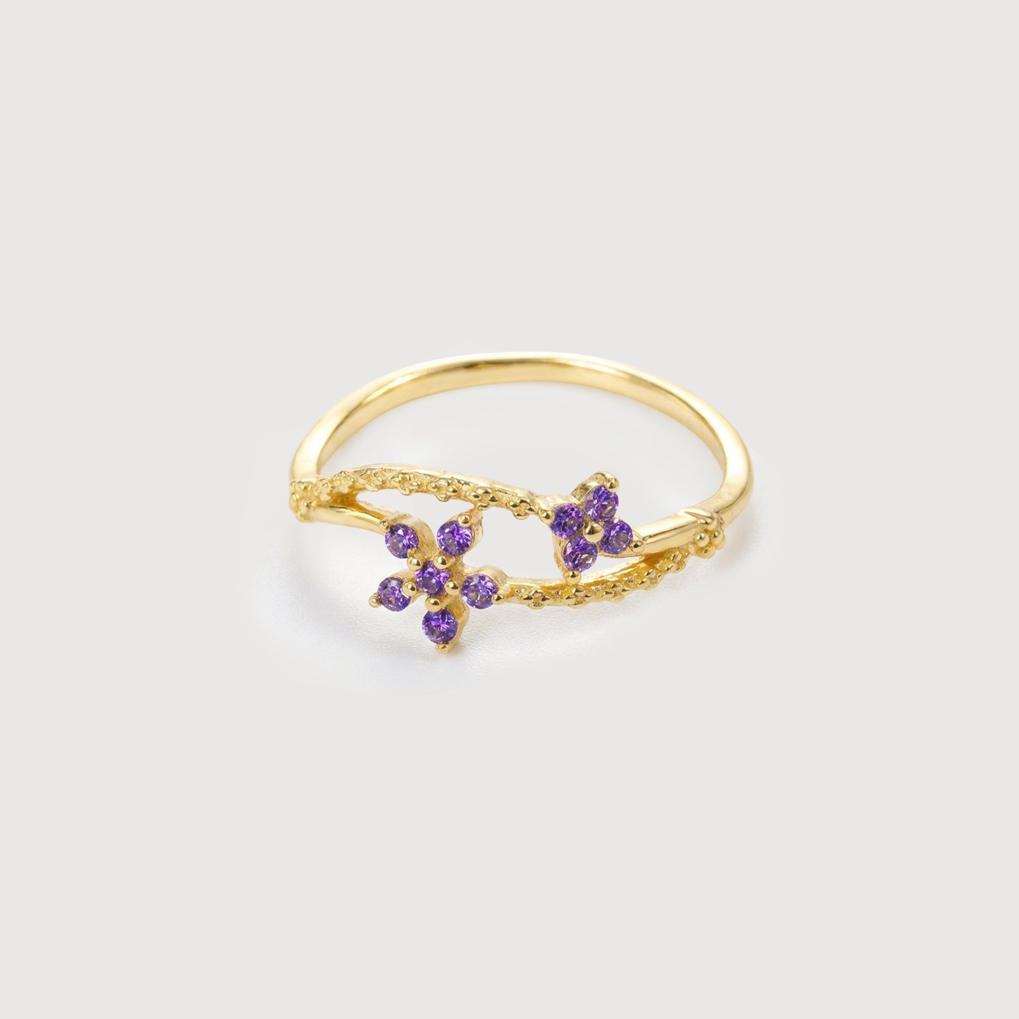 18K Gold-Plated S925 Purple CZ Floral Ring