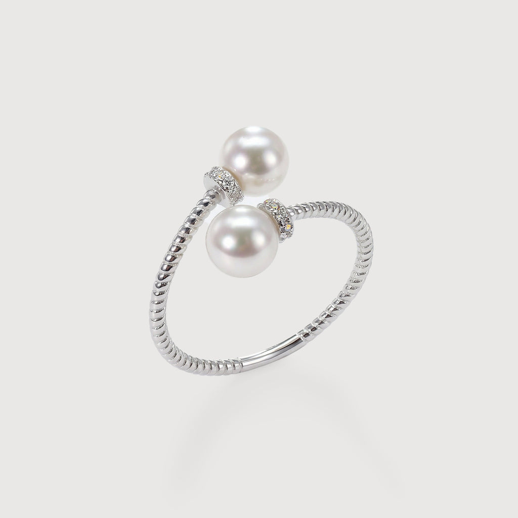 S925 Silver Double Pearl Adjustable Ring