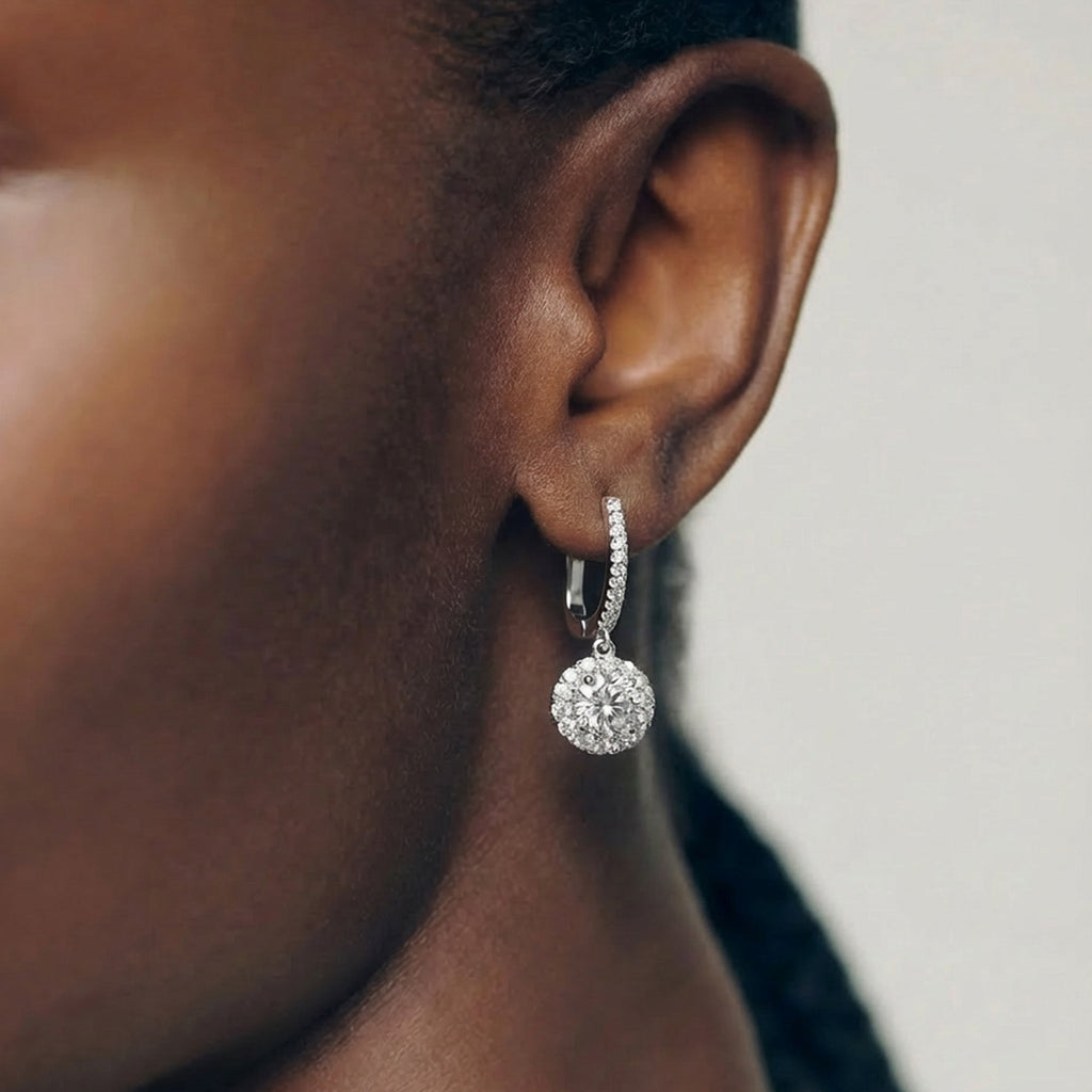 Round Halo Zircon Brass Drop Earrings