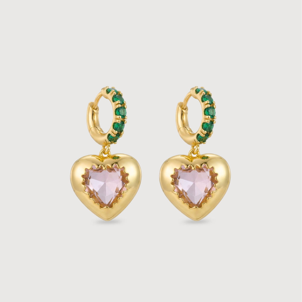 Green CZ Heart Drop Hoop Earrings