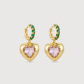 Green CZ Heart Drop Hoop Earrings