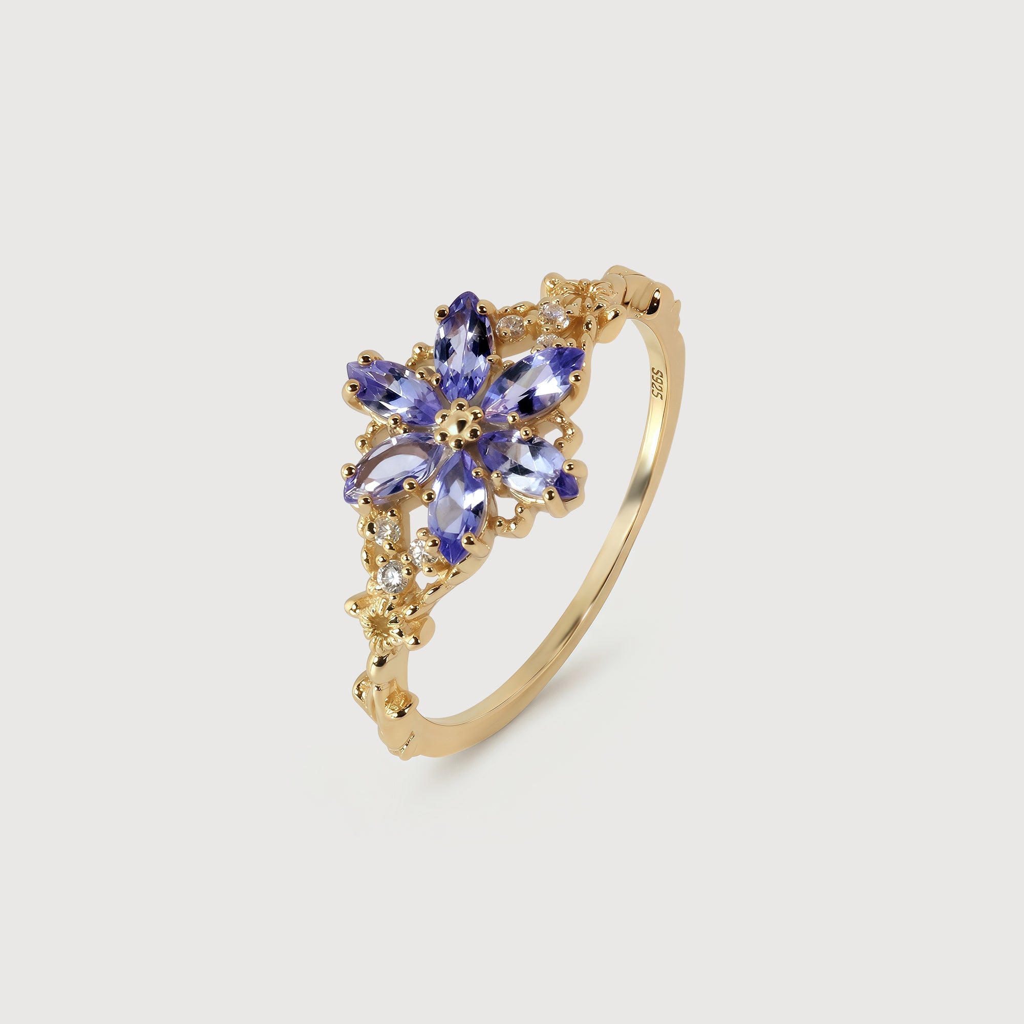 S925 Gold Plated Tanzanite Flower Adjustable Ring