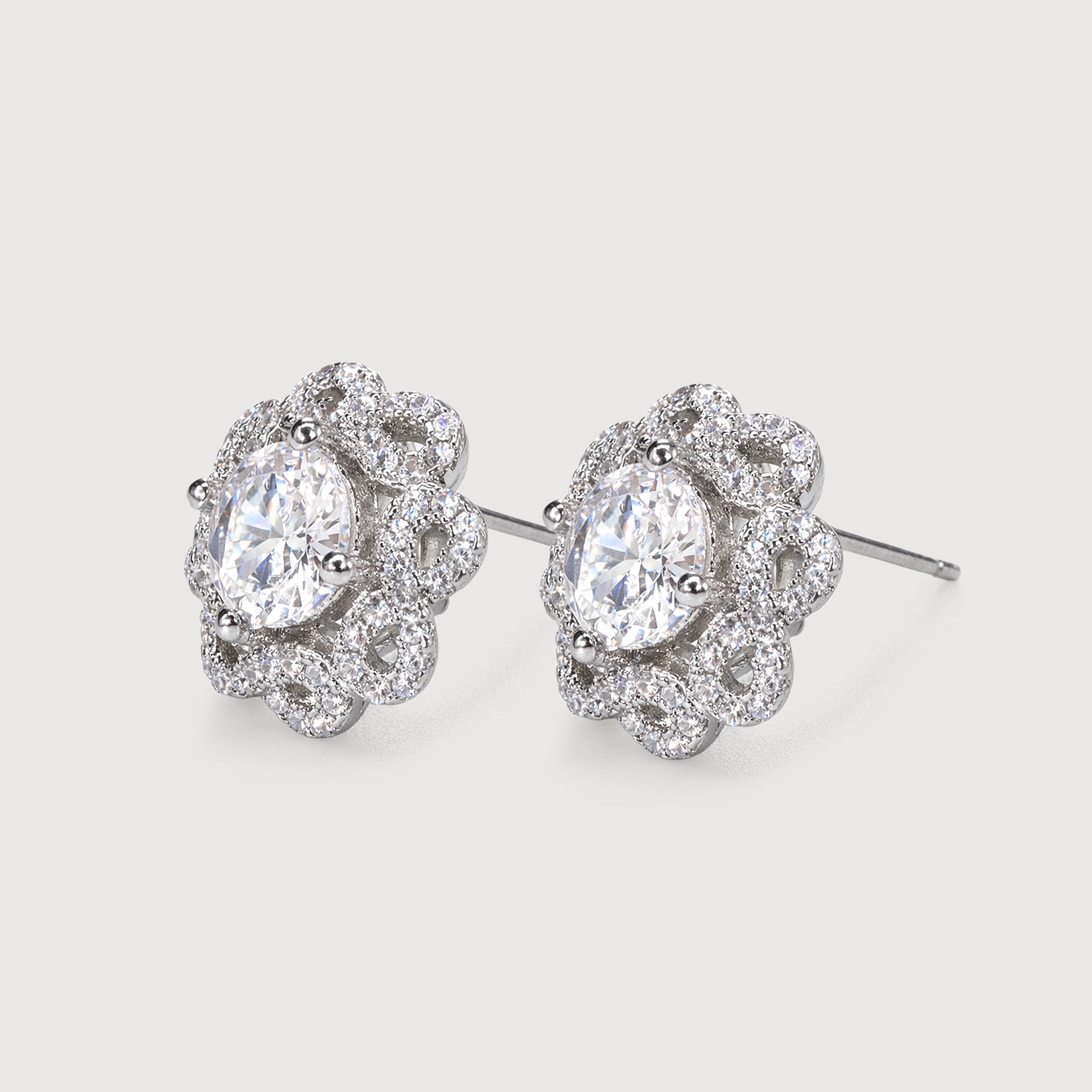 Silver-Tone Zircon Floral Stud Earrings