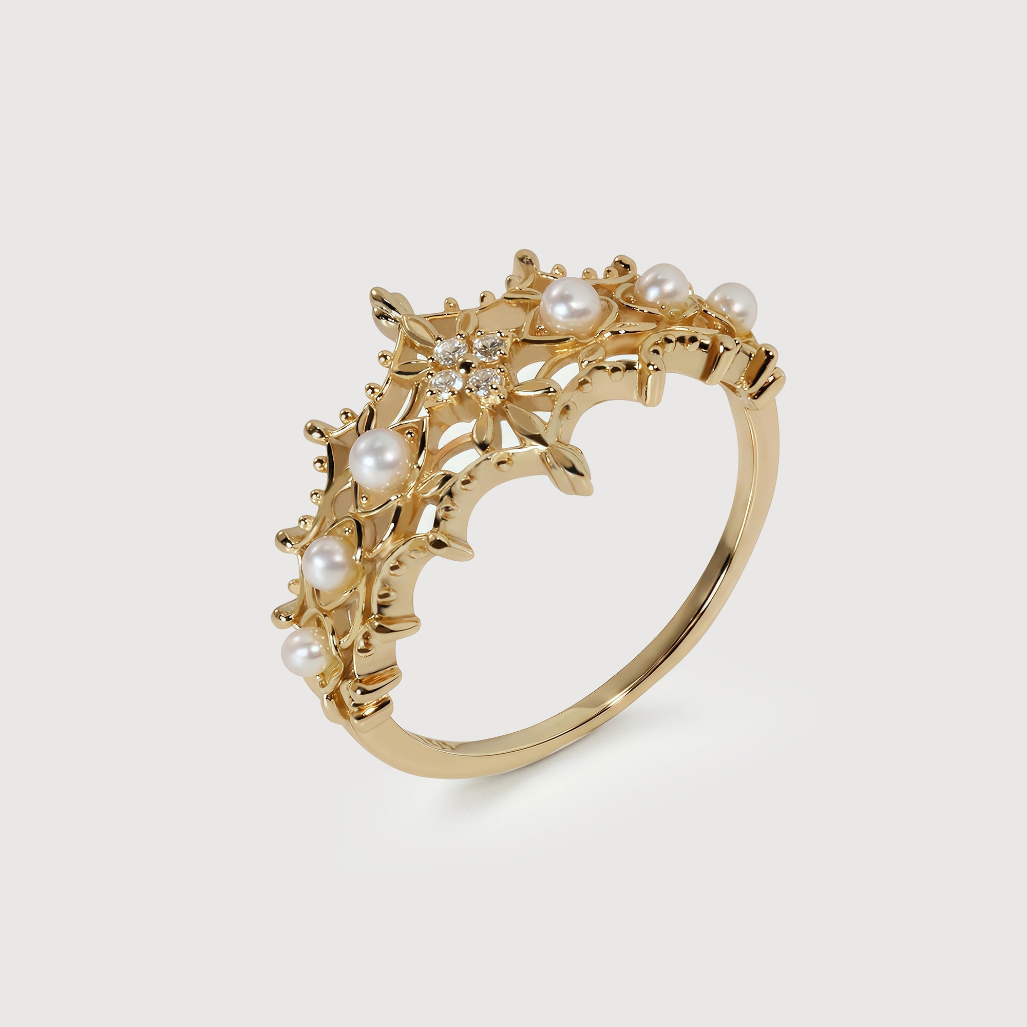 S925 Gold Plated Pearl Floral Adjustable Ring