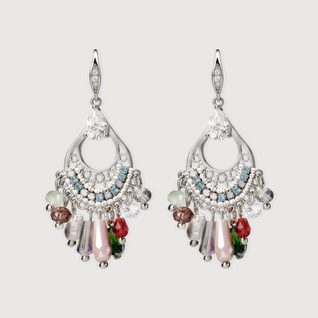 Silver-Tone Zircon Beaded Chandelier Earrings