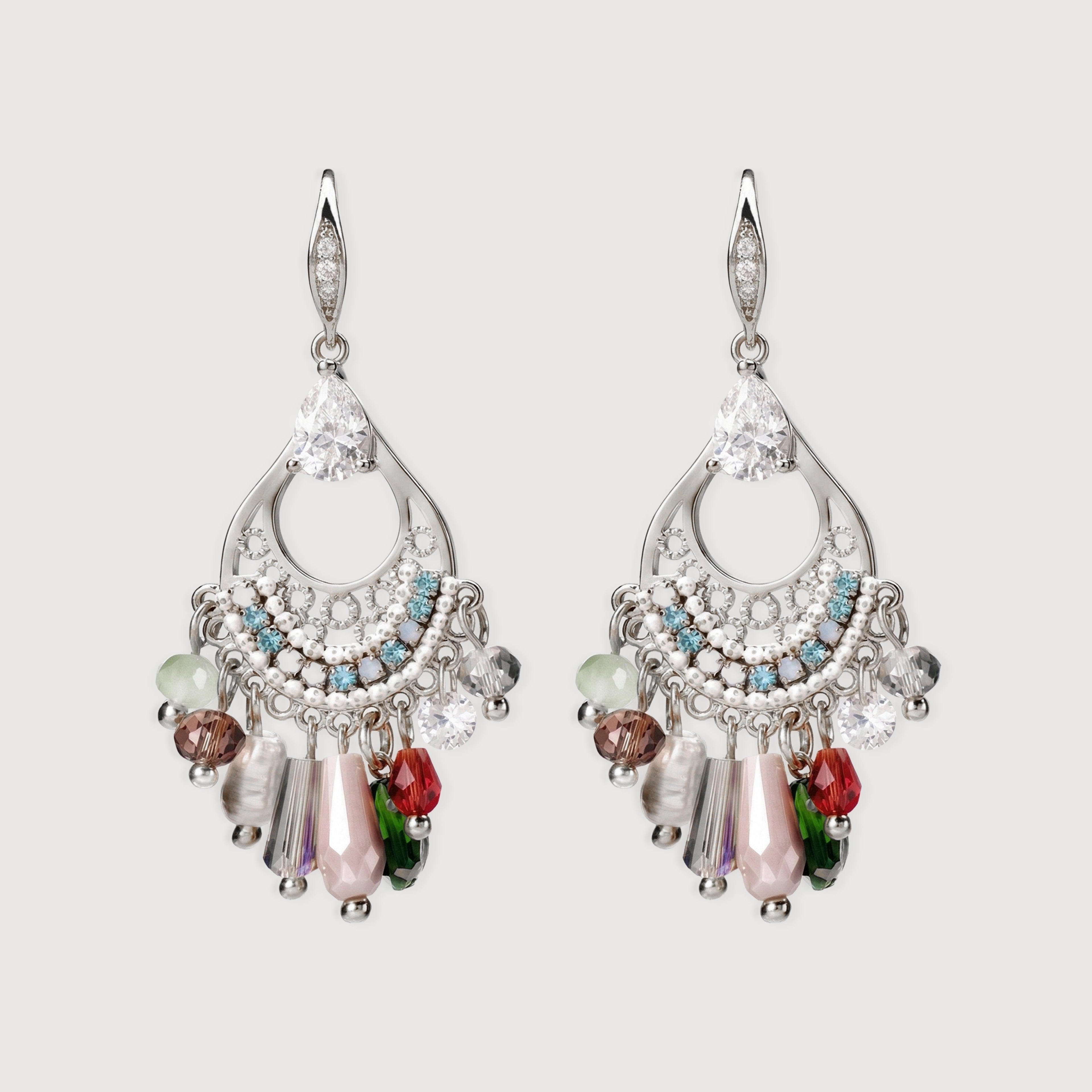 Silver-Tone Zircon Beaded Chandelier Earrings