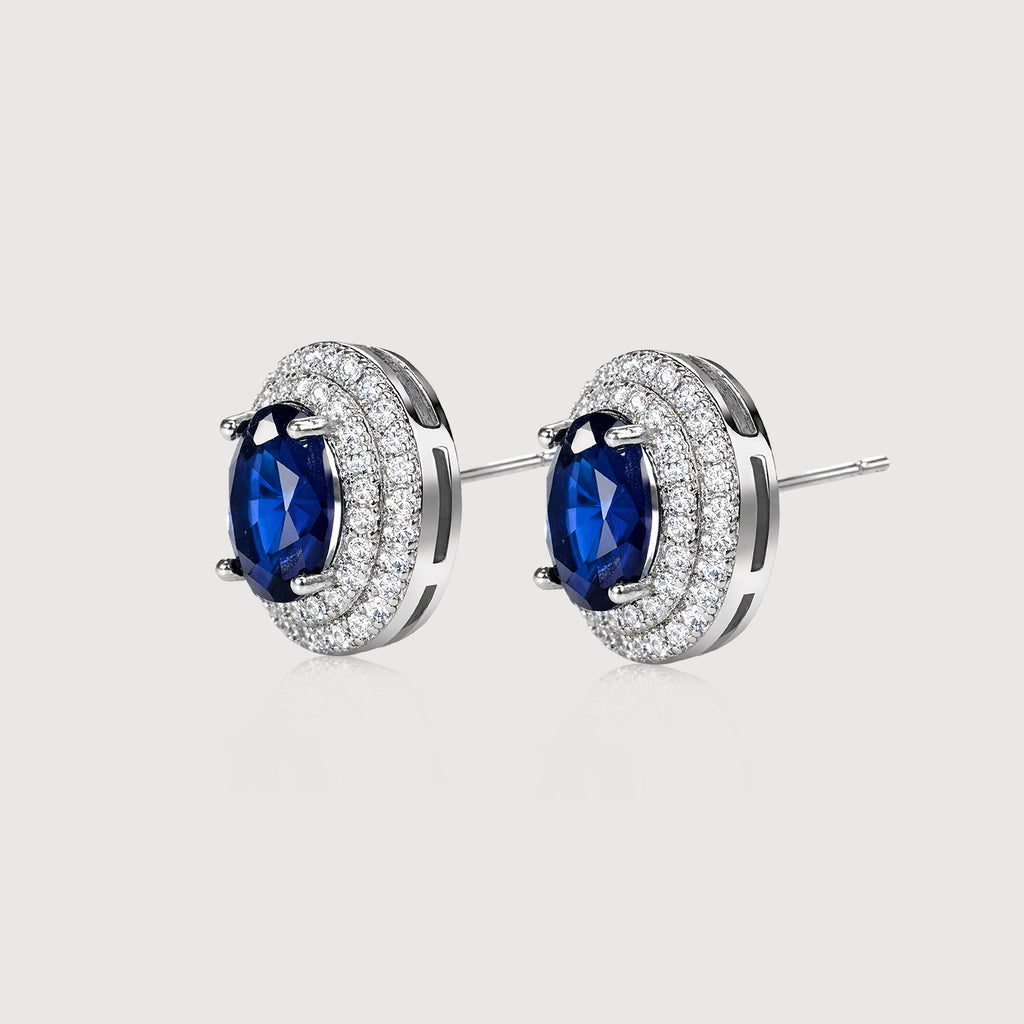 Blue Oval Zirconia Halo Stud Earrings