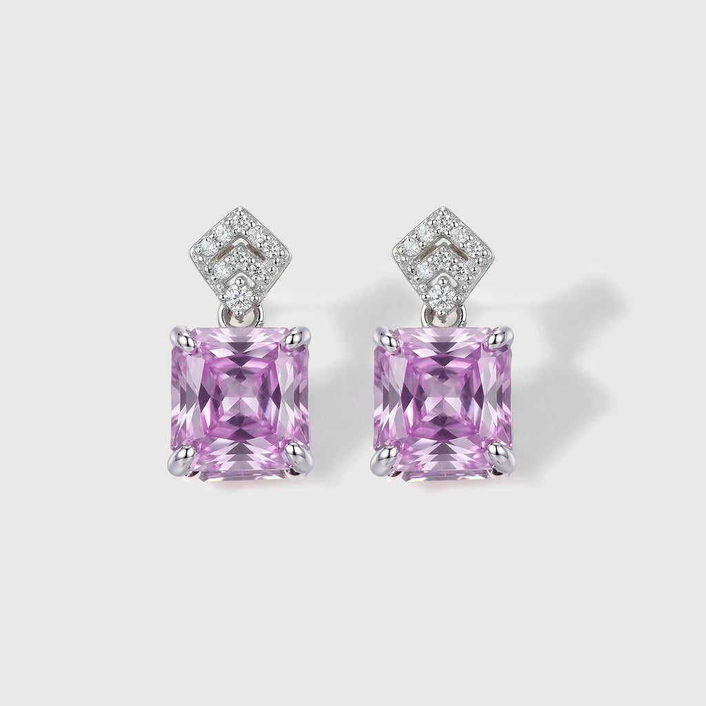 Pink Square-Cut Zircon Drop Stud Earrings