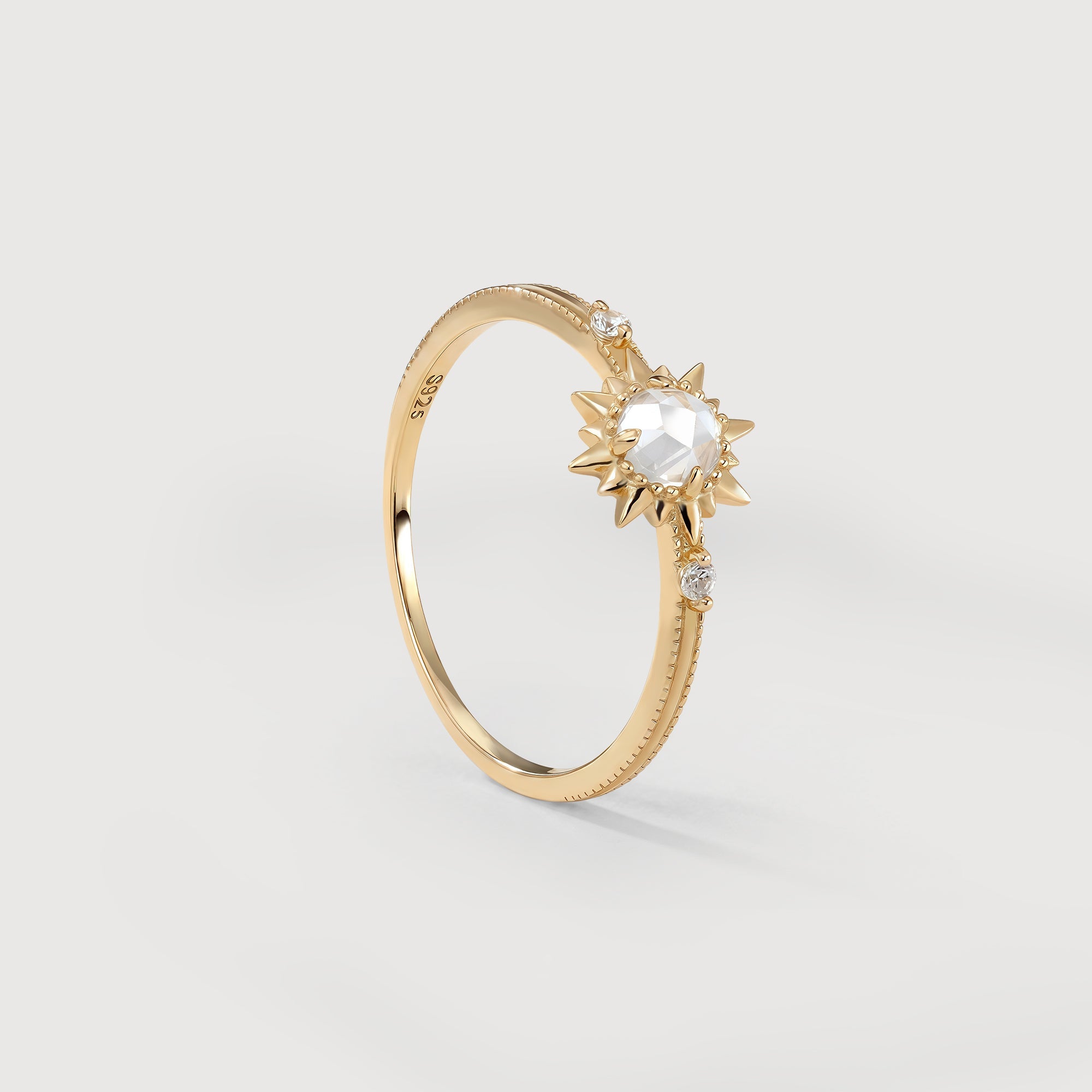 White Crystal Sunburst Gold-Plated S925 Ring