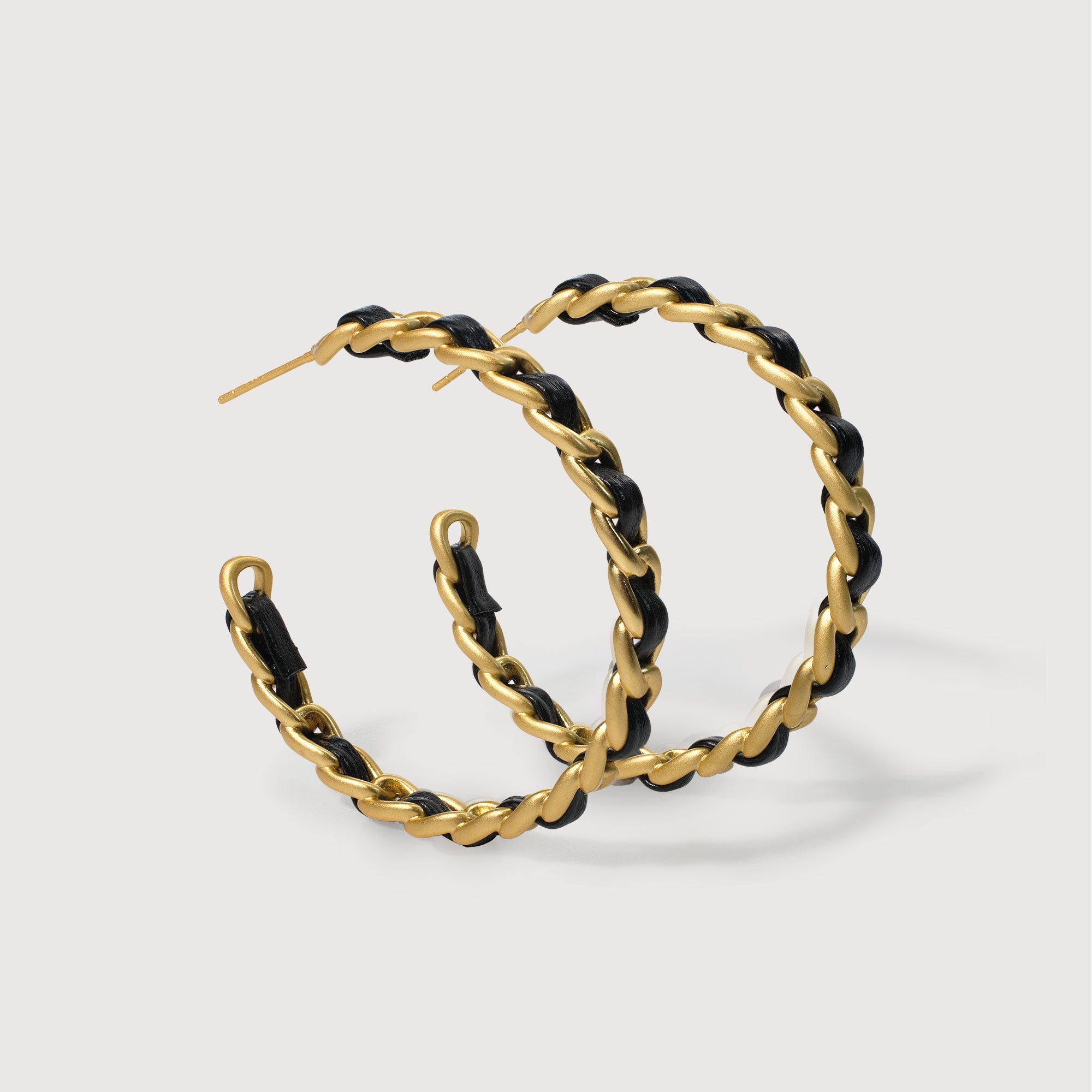 Black Woven Gold-Tone Chain Hoop Earrings