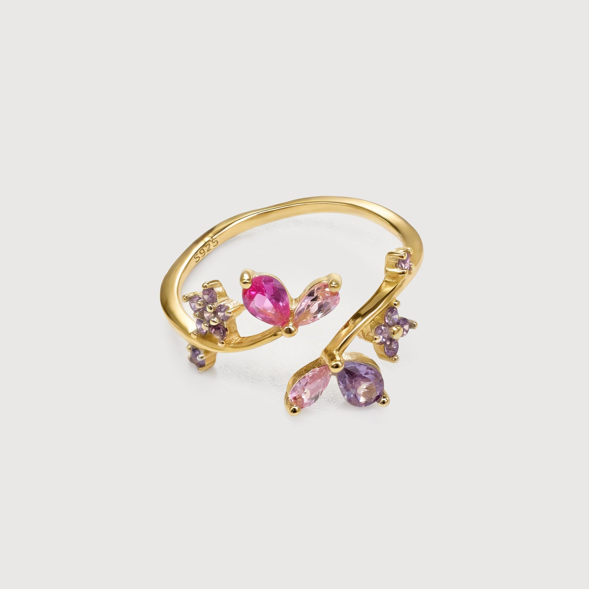 18K Gold-Plated S925 Floral Zircon Open Ring