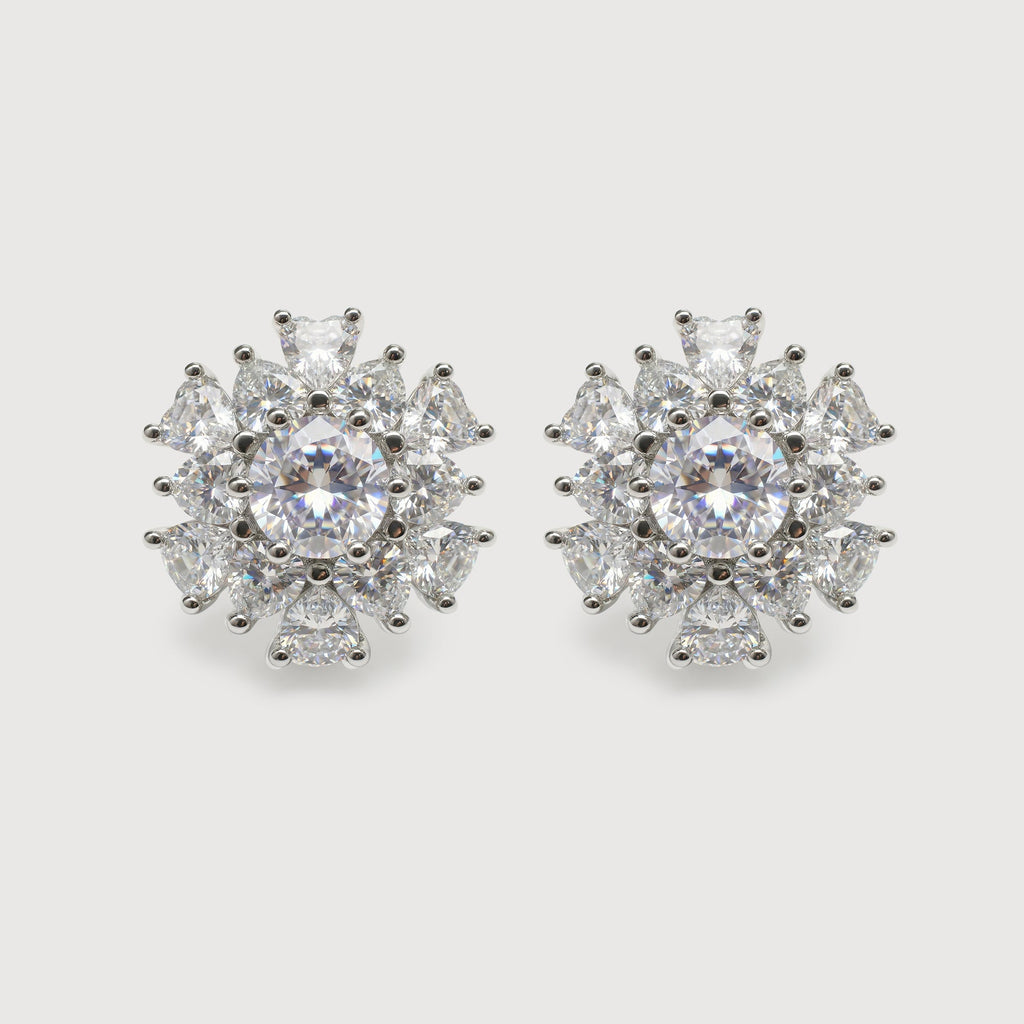 Silver-Tone Floral Cluster Zircon Stud Earrings