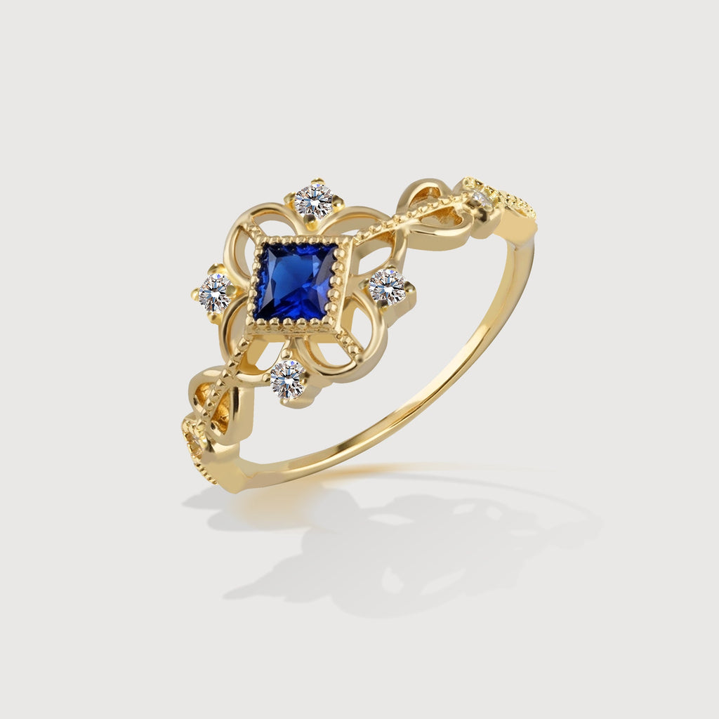 18K Gold-Plated S925 Blue Zircon Filigree Ring