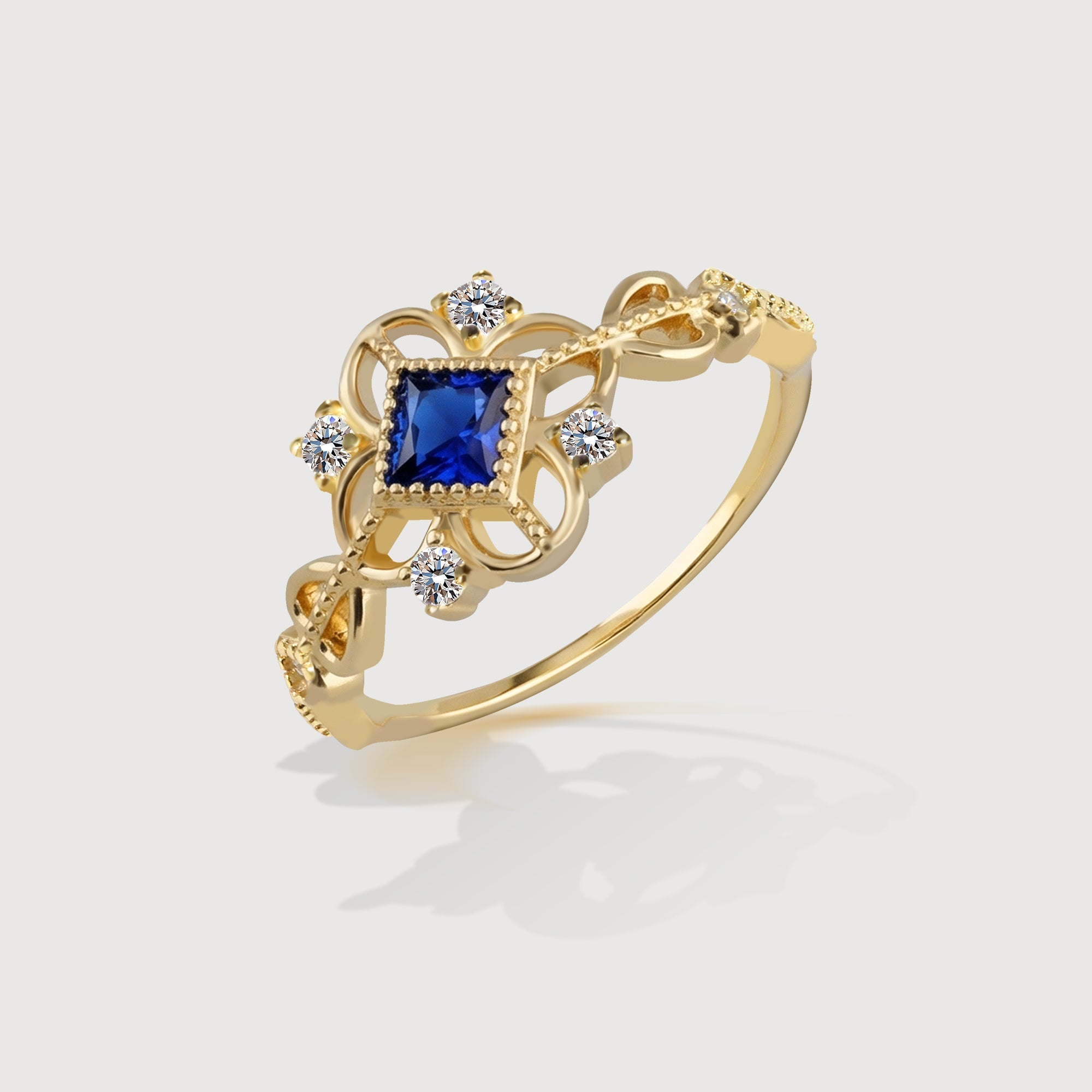 18K Gold-Plated S925 Blue Zircon Filigree Ring