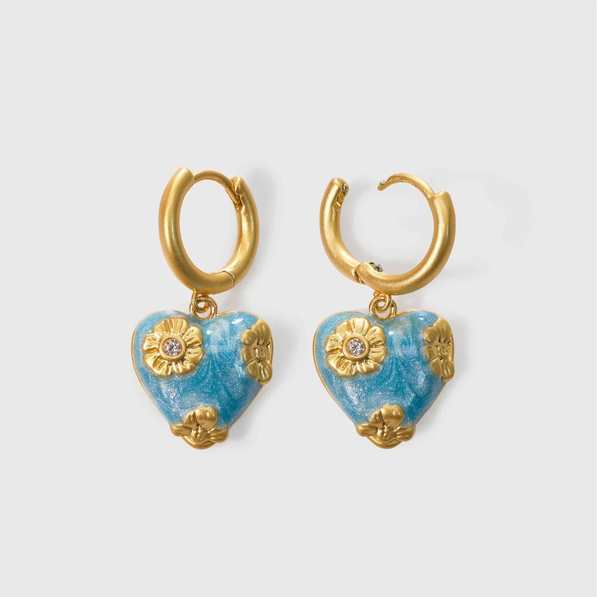 Blue Floral Heart Hinged Hoop Earrings