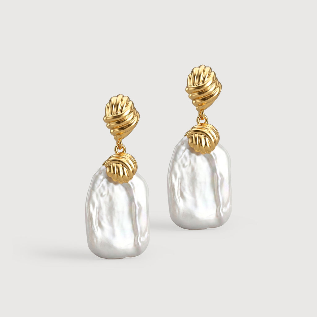Textured Gold Baroque Pearl Drop Earrings