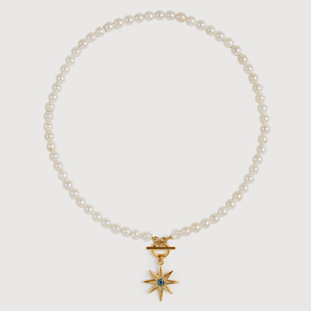 Gold-Plated Blue Starburst Pearl-Bead Necklace
