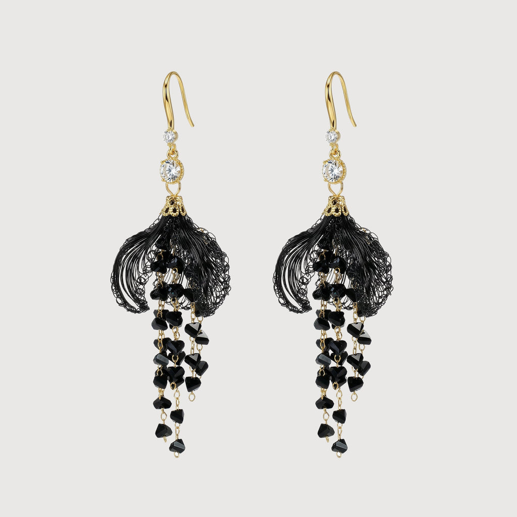 Black Tassel Zircon Fishhook Drop Earrings
