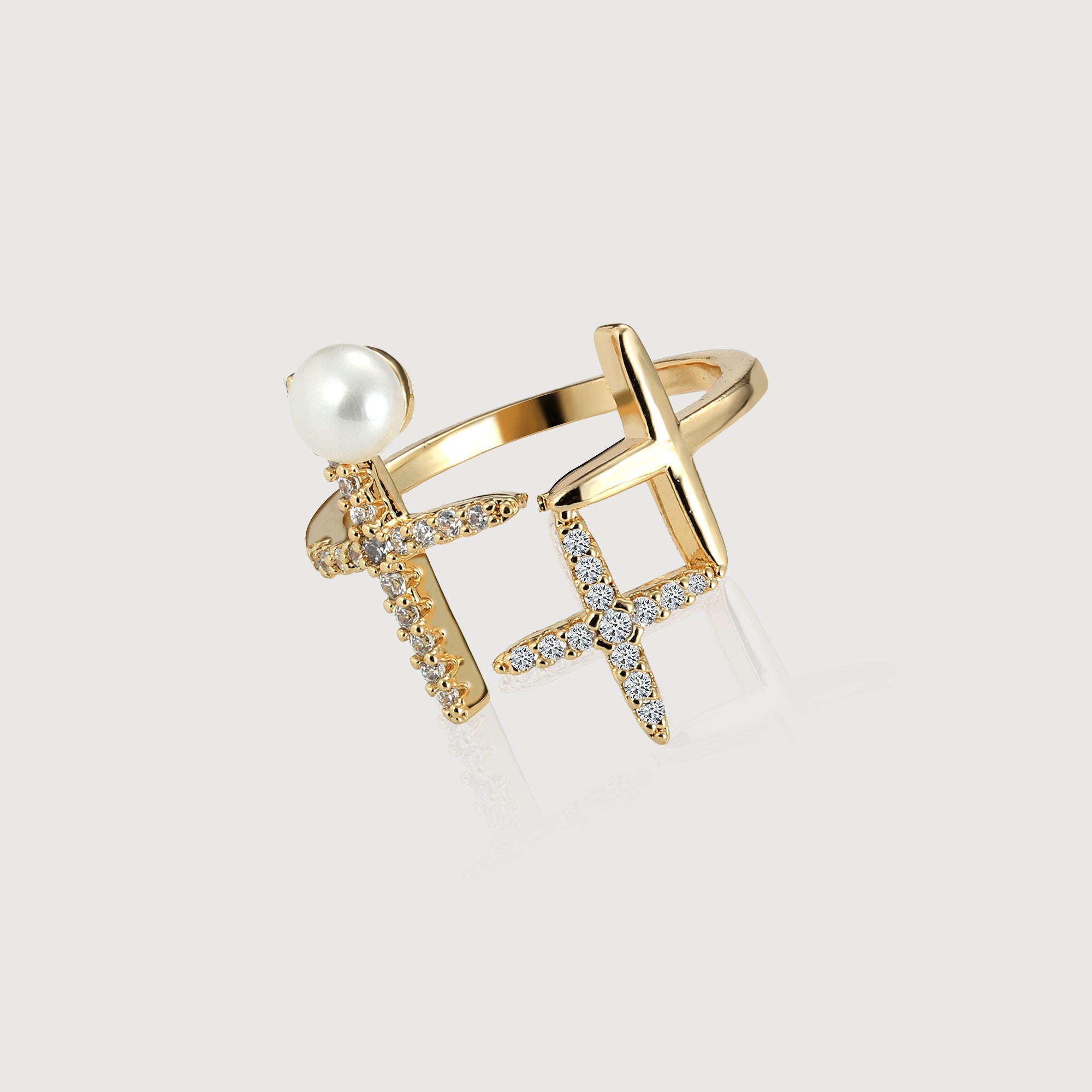 18K Gold-Plated Brass Pearl CZ Open Ring