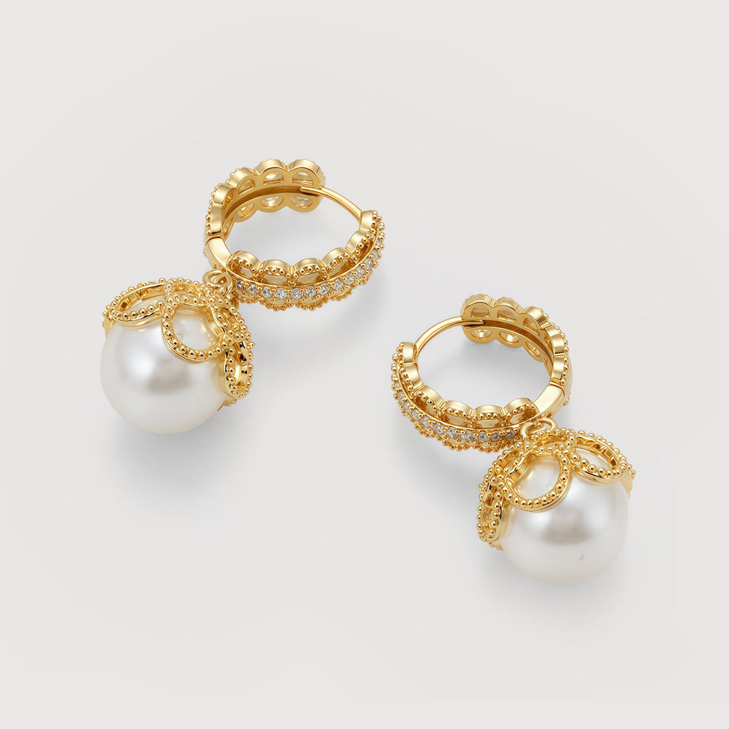 Ornate Hoop Pearl Drop Earrings