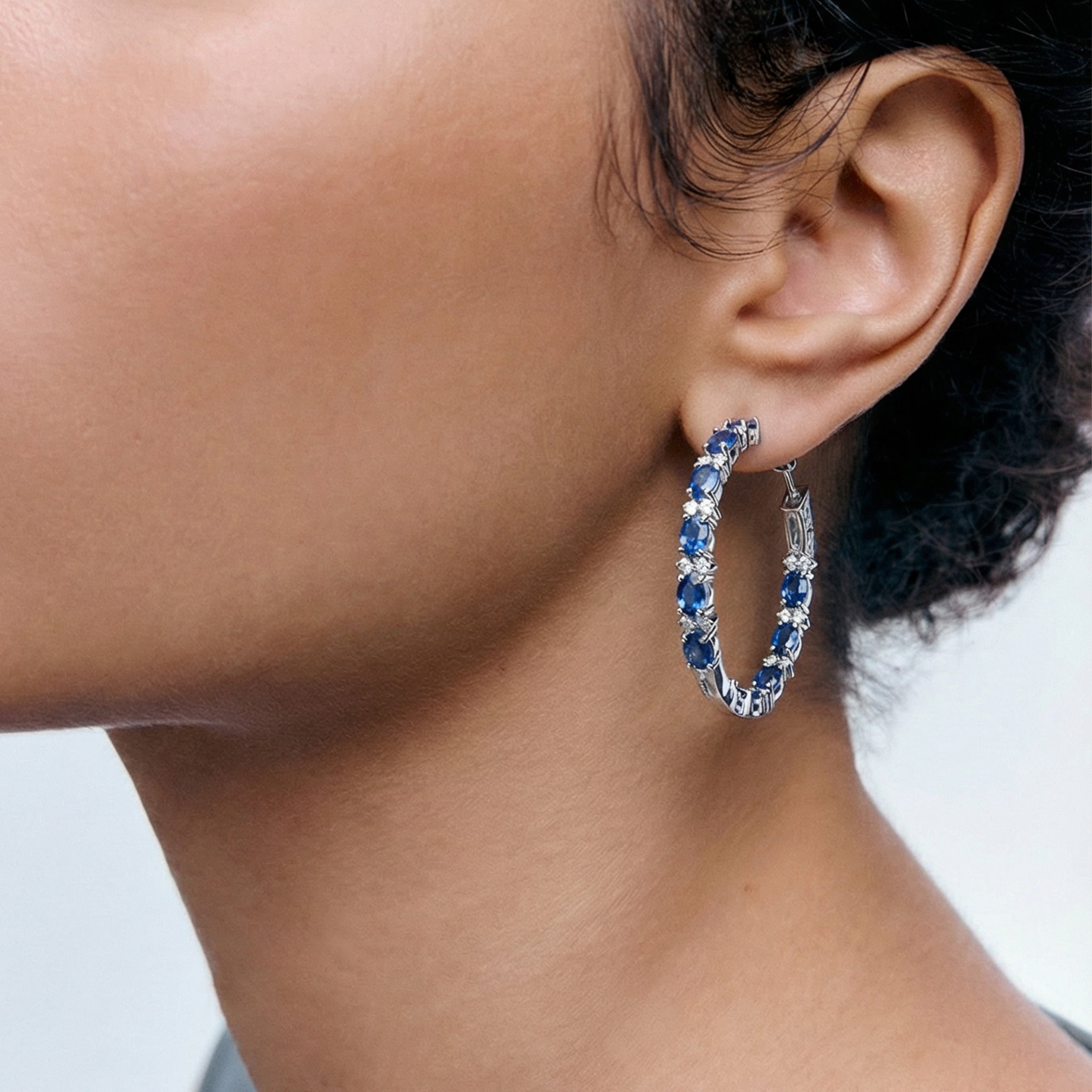 Blue Zircon Silver-Tone Hoop Earrings