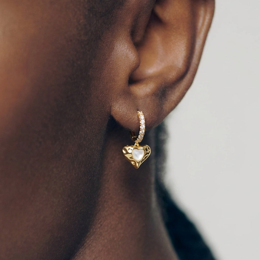 Pearl-Effect Heart Zirconia Hoop Earrings