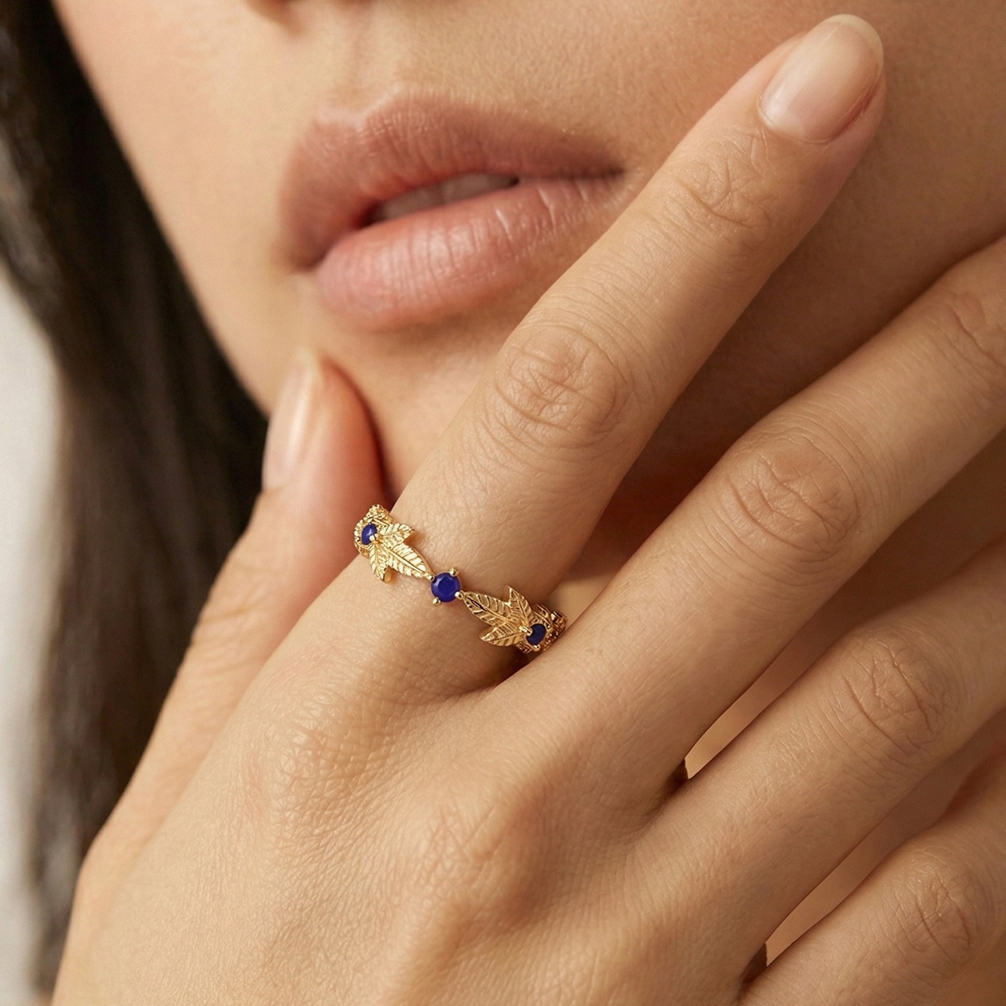 S925 Gold Plated Blue Spinel Leaf Adjustable Ring