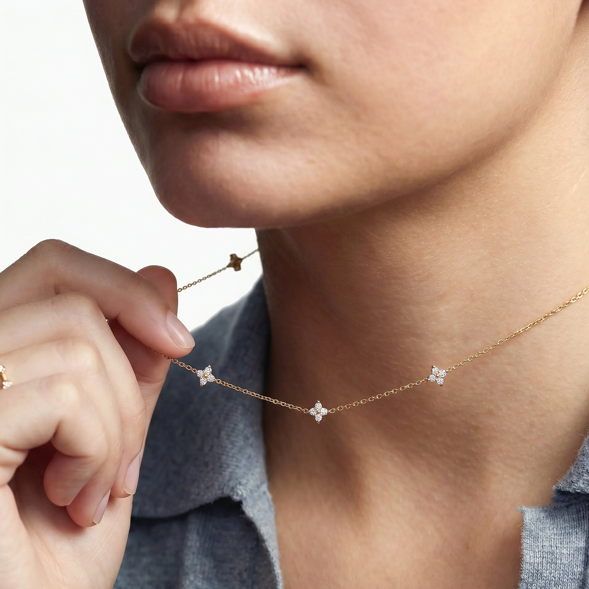 Four-Petal Crystal Sterling Silver Necklace
