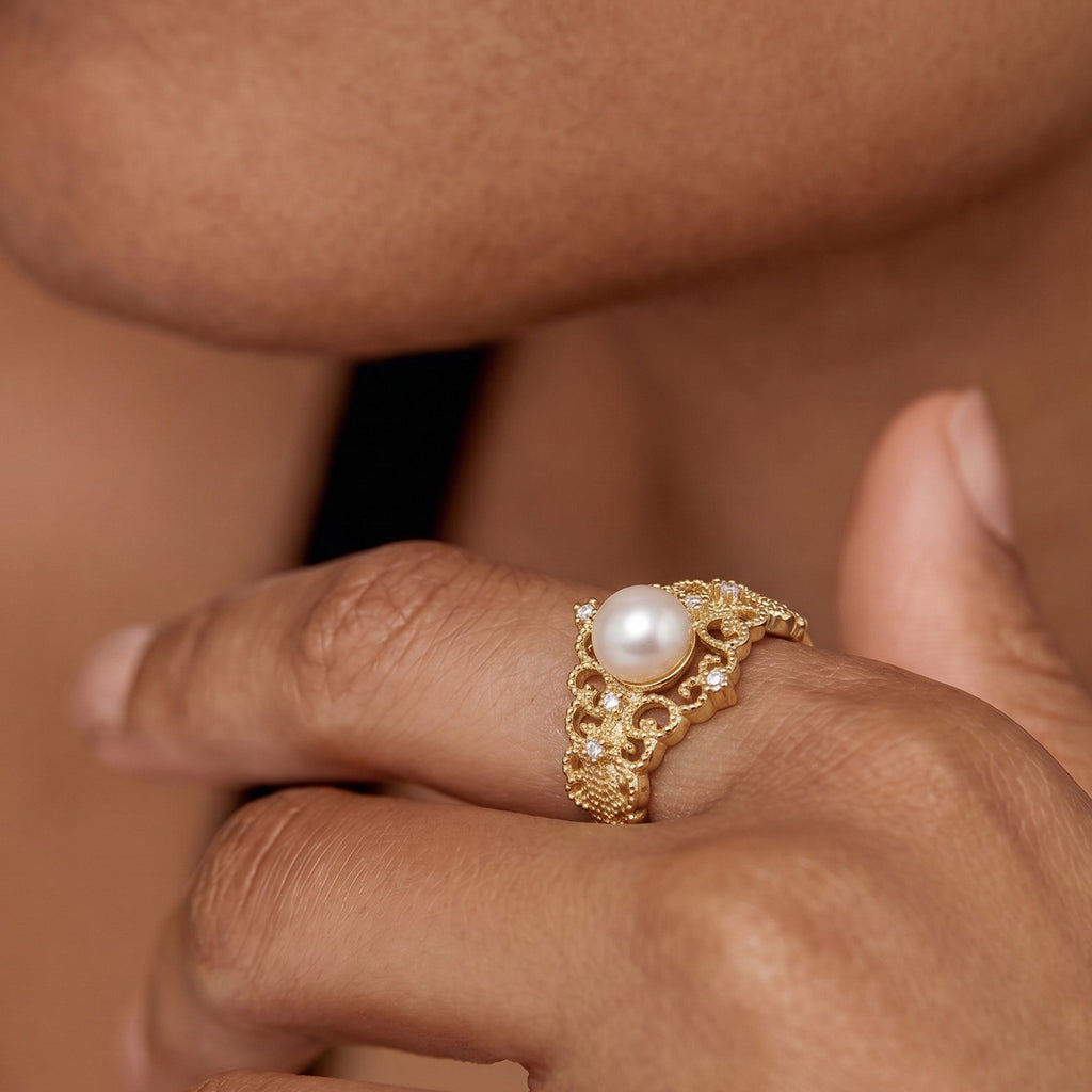 Pearl Filigree 18K Gold-Plated Copper Ring